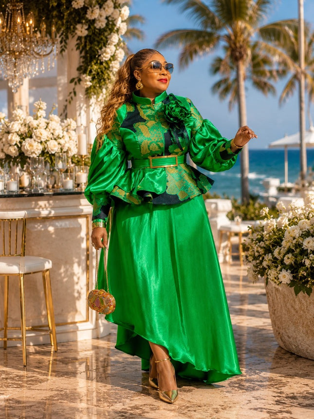 Green Brocade Feathered Peplum High-Low Asymmetric Skirt Set, 2-Piece Outfit Mother of The Bride Wedding Guest Tea Party Birthday Cocktail Reception Formal Evening Wear