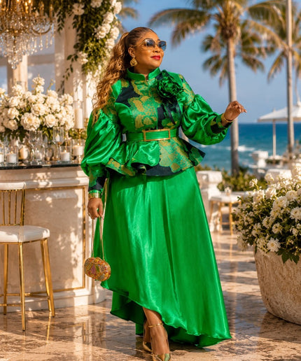 Green Brocade Feathered Peplum High-Low Asymmetric Skirt Set, 2-Piece Outfit Mother of The Bride Wedding Guest Tea Party Birthday Cocktail Reception Formal Evening Wear