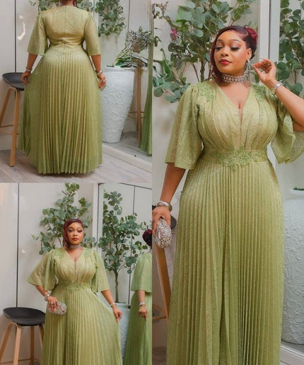 Black Flare Sleeve Applique Embellished Pleated Flowy Maxi Dress for Cocktail Dinner Party Mother of The Bride