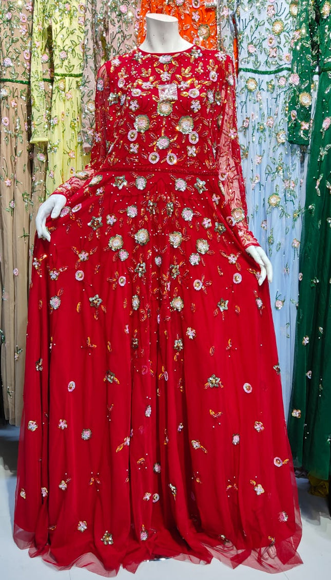 Statement Red Embellished Long Sleeve A-Line Gown: Mother of The Bride or Groom Birthday Party Celebrant Photoshoot Wedding Guest