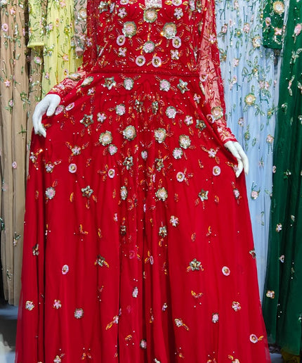 Statement Red Embellished Long Sleeve A-Line Gown: Mother of The Bride or Groom Birthday Party Celebrant Photoshoot Wedding Guest