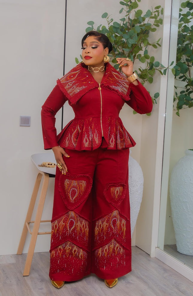 Green Denim & Diamonds 2-Piece Set, Curvy Stretch Jeans Rhinestone Peplum Top + Wide-Leg Pants, Statement Birthday Outfit