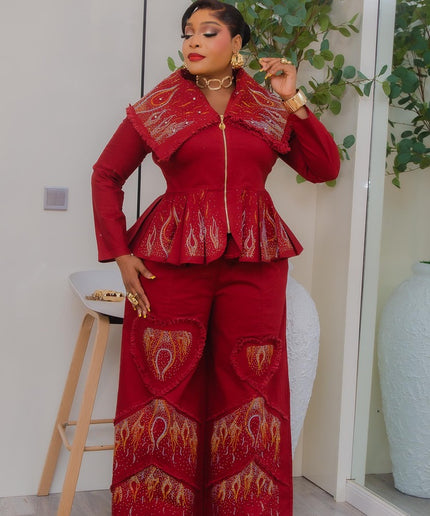 Denim & Diamonds 2-Piece Set, Matching Rhinestone Peplum Top + Wide-Leg Pants,  Glam Statement Birthday Outfit