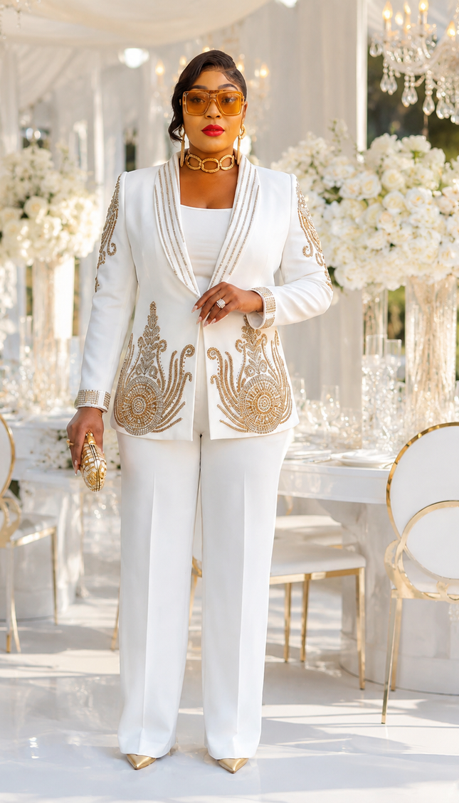 Luxury White Embellished Pant 2-Piece Suit Set Rhinestone Blazer & Wide Leg Trousers Wedding Guest Mother of the Bride Church Anniversary Graduation Special Occasion Outfit