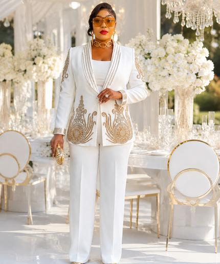 Luxury White Embellished Pant 2-Piece Suit Set Rhinestone Blazer & Wide Leg Trousers Wedding Guest Mother of the Bride Church Anniversary Graduation Special Occasion Outfit
