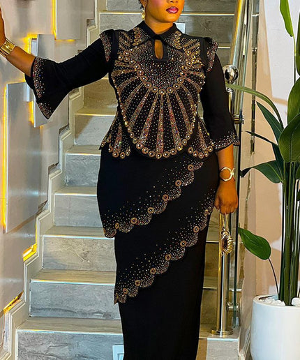 Navy Blue Rhinestone-Embellished Asymmetric Maxi Dress for Wedding Birthday Mother of The Groom