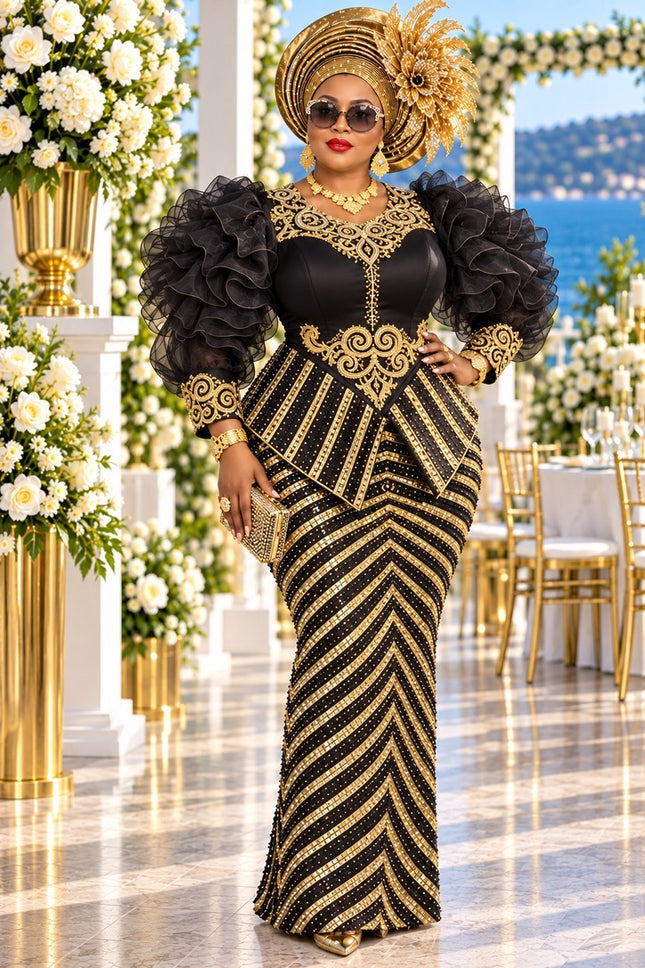 "No Competition" Black Sequin Rhinestone Embellished Peplum Ruffle Sleeve Party Dress for Mother of The Bride Celebrant Birthday Party