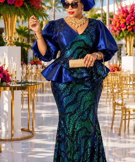 Gold Sequin Peplum Maxi Dress for Mother of The Bride Celebrant Party Birthday Wedding Guest Cocktail Dinner Formal Evening Gown