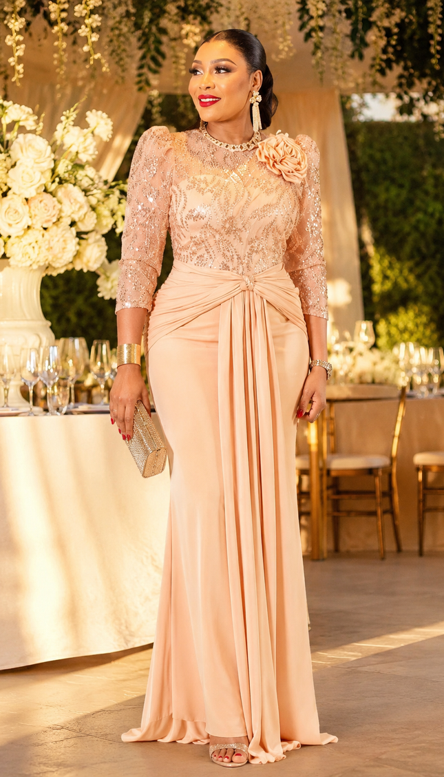 Glamorous Gold Sequin Embellished 3D Flower Ruched Draped Maxi Dress for Wedding Guest Birthday Party Mother of The Bride Outfit Cocktail Reception Formal Evening Gown