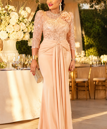 Glamorous Yellow Sequin Embellished 3D Flower Ruched Draped Maxi Dress for Wedding Guest Birthday Party Mother of The Bride Outfit Cocktail Reception Formal Evening Gown Turkish Womenswear