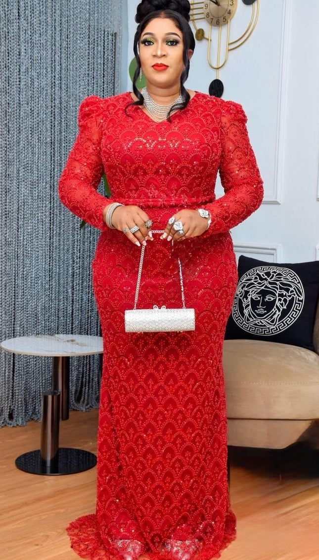 Red Sequin Embellished Wedding Guest Dress Floor Length Plus Size Mother of The Bride Mermaid Gown