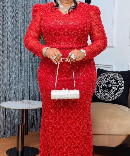 Red Sequin Embellished Wedding Guest Dress Floor Length Plus Size Mother of The Bride Mermaid Gown