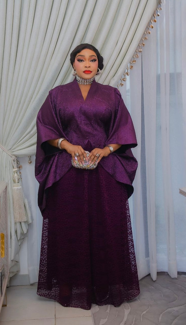 Luxury Purple Kaftan Wrap Top & Chantilly Lace Maxi Skirt Set for Wedding Guest Mother of The Bride Birthday Dinner Cocktail Party Church Gala Anniversary Photoshoot Outfit Rich Auntie Boubou