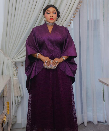 Luxury Purple Kaftan Wrap Top & Chantilly Lace Maxi Skirt Set for Wedding Guest Mother of The Bride Birthday Dinner Cocktail Party Church Gala Anniversary Photoshoot Outfit Rich Auntie Boubou