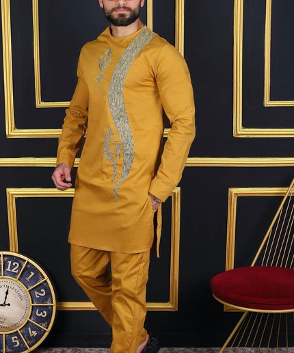 Men’s Traditional African Clothing 2-Piece Set, Embroidered Cotton Shirt & Pants for Wedding Birthday Graduation Party