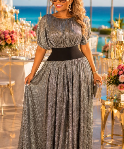 Effortless Elegance Silver Metallic Cinched Waist Pleated Maxi Dress for Summer Wedding Guest Cocktail Birthday Dinner Reception Party Outfit