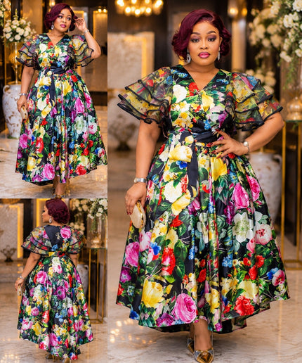 Yellow Floral Ruffle Sleeve Twirl Flare Skater Midi Dress - Wedding Guest Graduation Church Anniversary Birthday Cocktail Tea Party Outfit