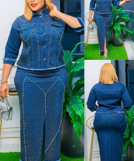 Rhinestone Denim Shirt and Skirt Party Outfit, Matching 2 Piece Set, Cotton Stretch Jeans Hot Gyal Curvy Fashion Birthday Ladies Night Date Dance Concert Casual Wear
