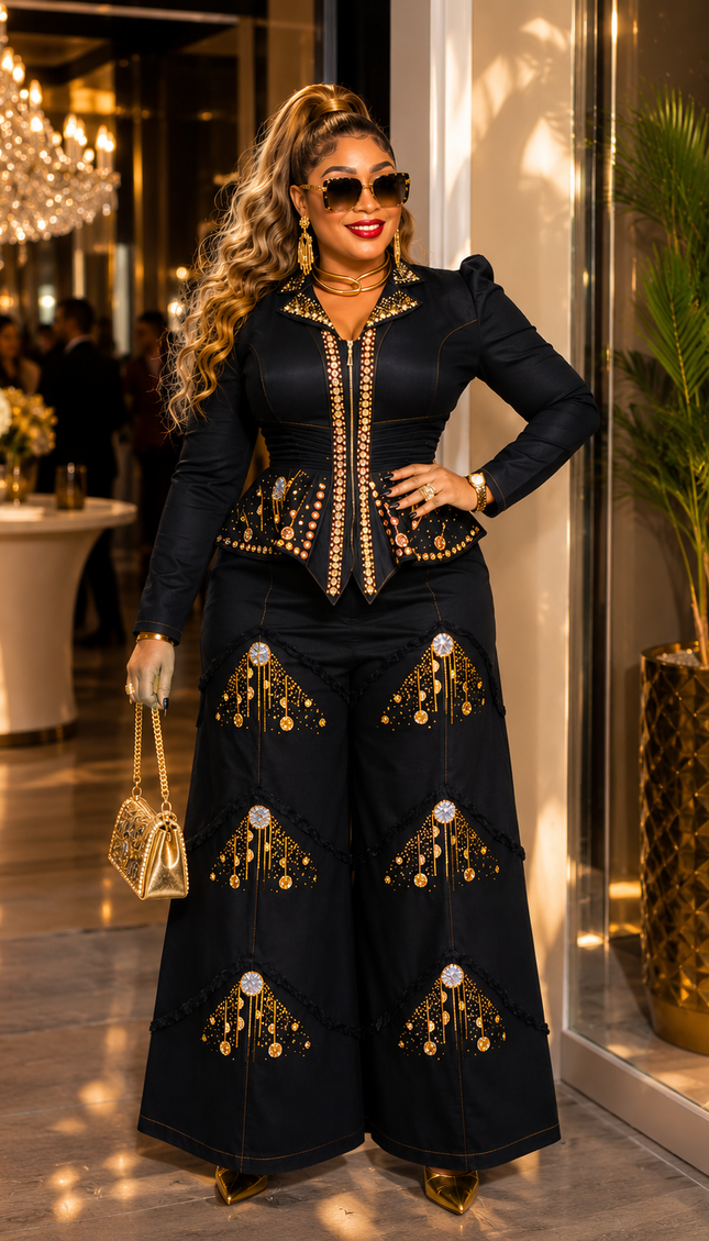 Black Denim & Diamonds 2-Piece Party Outfit, Cotton Rhinestone Bling Curvy Plus Size Stretch Jeans Peplum Top & Wide-Leg Pants Set, Birthday Photoshoot Weekend Get-Together Cocktail Dinner