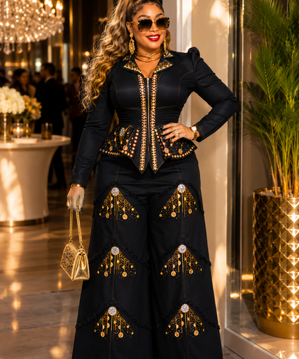 Black Denim & Diamonds 2-Piece Party Outfit, Cotton Rhinestone Bling Curvy Plus Size Stretch Jeans Peplum Top & Wide-Leg Pants Set, Birthday Photoshoot Weekend Get-Together Cocktail Dinner