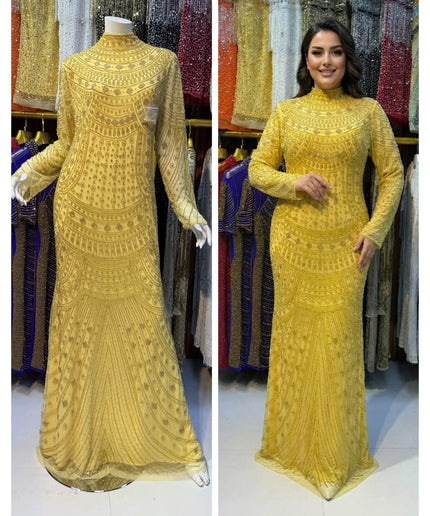 Orange Bead-Embellished Long Sleeve Mermaid Gown: Wedding Guest Attire Mother of the Bride Birthday Party Prom Dress