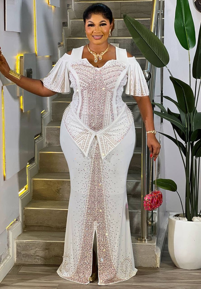 White Rhinestone Ruffle Cold Shoulder Mermaid Dress Wedding Guest Birthday Party Cocktail Anniversary Gala