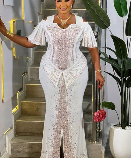 White Rhinestone Ruffle Cold Shoulder Mermaid Dress Wedding Guest Birthday Party Cocktail Anniversary Gala