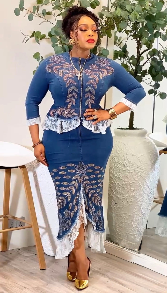 Sparkly Denim & Diamonds 2-Piece Outfit, Ruffle Lace Embellished Curvy Stretch Jeans Top and Skirt - Birthday Party Dinner Graduation