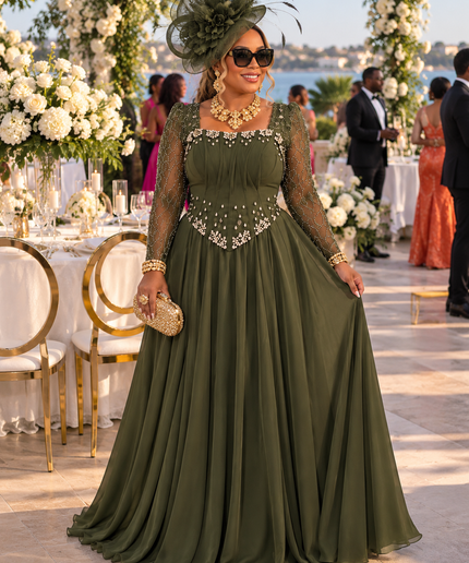 "Ready For The Spotlight" Beige Crystal-Embellished Mother of The Bride A-Line Dress Wedding Guest Celebrant Birthday Holiday Cocktail Reception Party Floor-Length Formal Evening Gown Plus Size