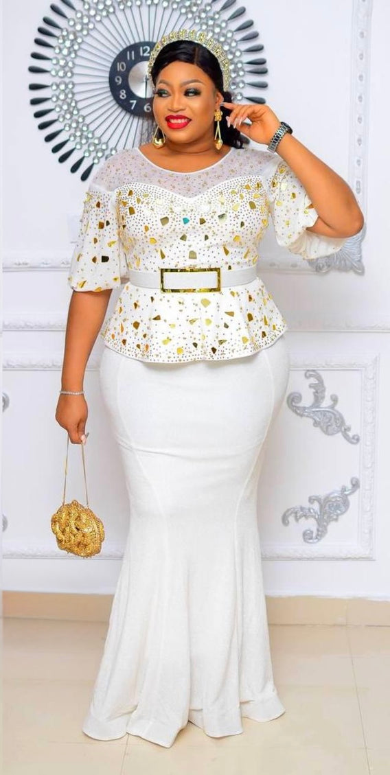 White Embellished Peplum Floor Length Maxi Dress