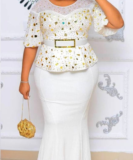 White Embellished Peplum Floor Length Maxi Dress