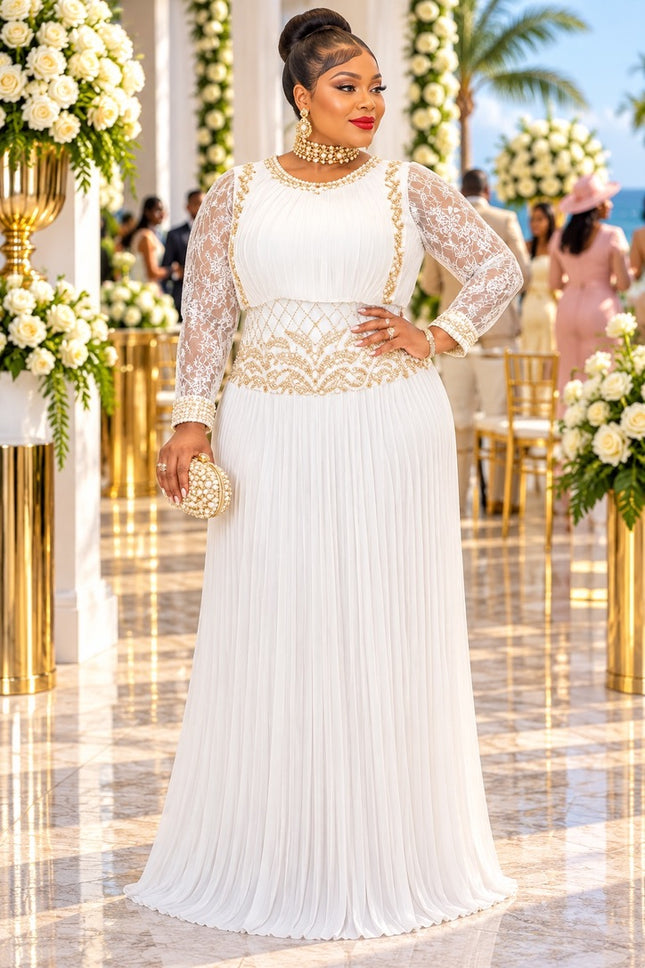 Glamorous White & Gold Lace Embellished Pleated Maxi Dress for Naming Ceremony Engagement Dinner Holiday Cocktail Reception Church Anniversary Wedding Guest Birthday Party Outfit