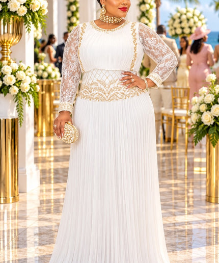 Red Lace and Pleated Maxi Dress with Gold Embroidery Accent for Holiday Cocktail Reception Wedding Guest Birthday Party Outfit