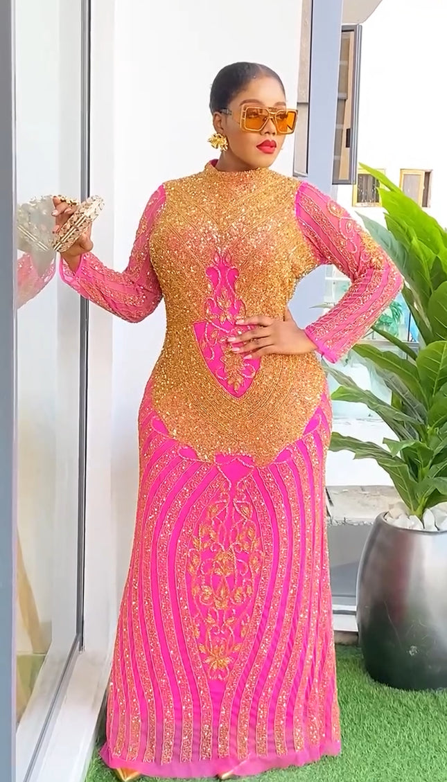 Gold Beaded Embroidered Maxi Dress | Celebrant Party Birthday Anniversary Gala