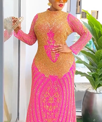 Gold Beaded Embroidered Maxi Dress | Celebrant Party Birthday Anniversary Gala