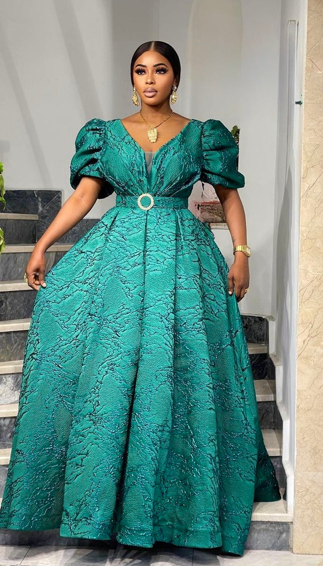 Metallic Green Brocade A-Line Gown Pleated Long Maxi, Wedding Guest Mother of The Bride Cocktail Party Reception