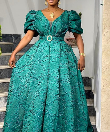 Metallic Green Brocade A-Line Gown Pleated Long Maxi, Wedding Guest Mother of The Bride Cocktail Party Reception