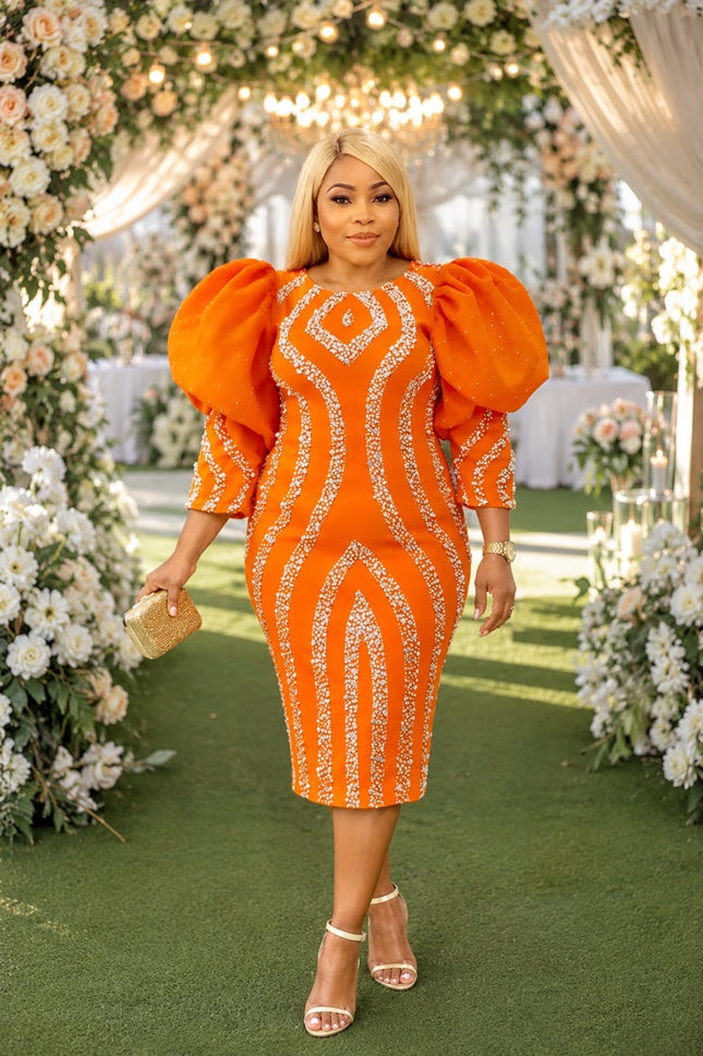 Dramatic Orange Puff Sleeve Beaded Midi Dress for Wedding Cocktail Reception Church Anniversary Mother of The Bride Outfit