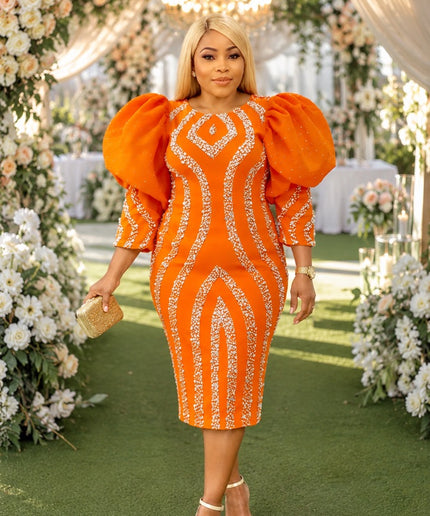 Dramatic Orange Puff Sleeve Beaded Midi Dress for Wedding Cocktail Reception Church Anniversary Mother of The Bride Outfit
