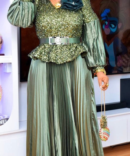 Sequin Bishop Sleeve Maxi Dress Floor Length Mother of The Bride A-Line Gown