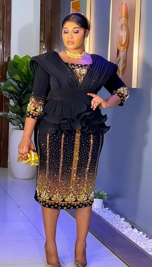 Black Dramatic Ruffle Shoulder Rhinestone-Embellished Peplum Midi Dress: Wedding Guest Cocktail Birthday Dinner