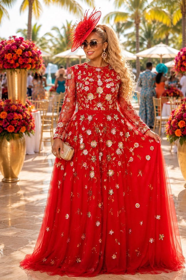 "Holiday Party Fashion" Red Hand-Embellished Beaded Floral Sequins A-Line Gown for Bridal Reception Wedding Guest Mother of Bride Celebrant Birthday Cocktail Dinner Formal Evening Dress Plus Size
