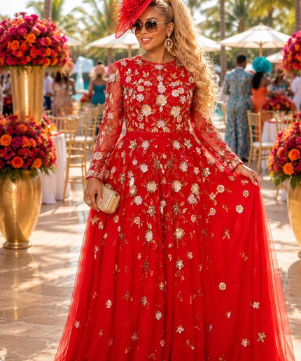 "They Won't Forget You" Orange Hand-Embellished Beaded Floral Sequins A-Line Gown for Bridal Reception Attire Wedding Guest Mother of The Bride Celebrant Birthday Party Formal Evening Dress Plus Size