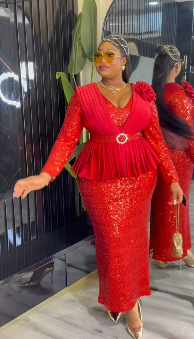 Pink Sequin Embellished Peplum Maxi Dress with 3D Flower