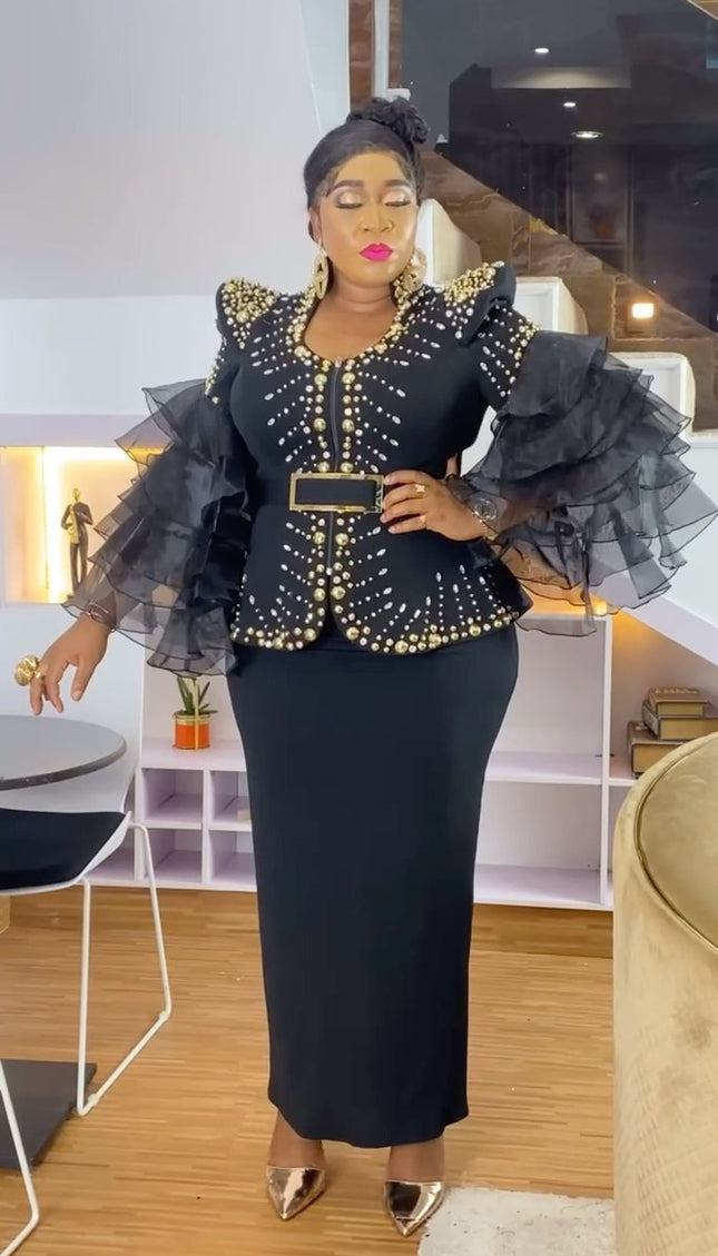 Dramatic Sleeves Embellished Blouse and Skirt