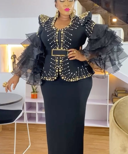 Dramatic Sleeves Embellished Blouse and Skirt