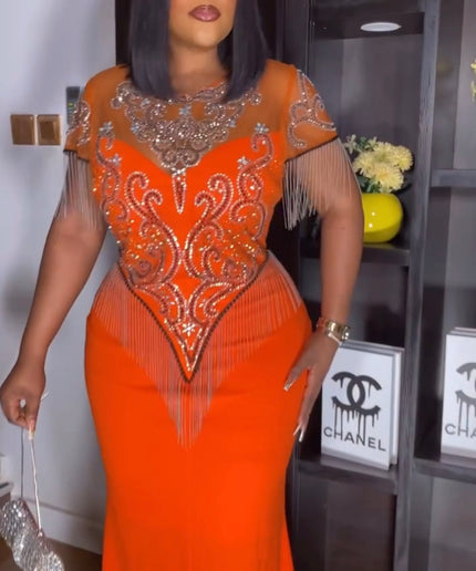Orange Fringe Embellished Maxi Dress