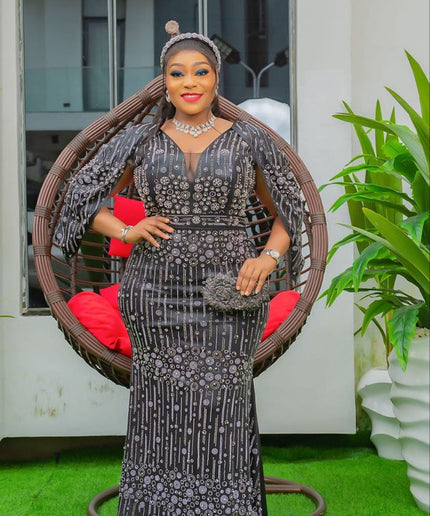 Metallic Orange Embellished Cape Sleeve Mermaid Gown