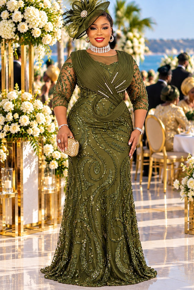 Elegant Green Sculptural Shoulder Beaded Embellished Dress for Birthday Party Church Wedding Guest Mother of Bride Formal Gown Plus Size