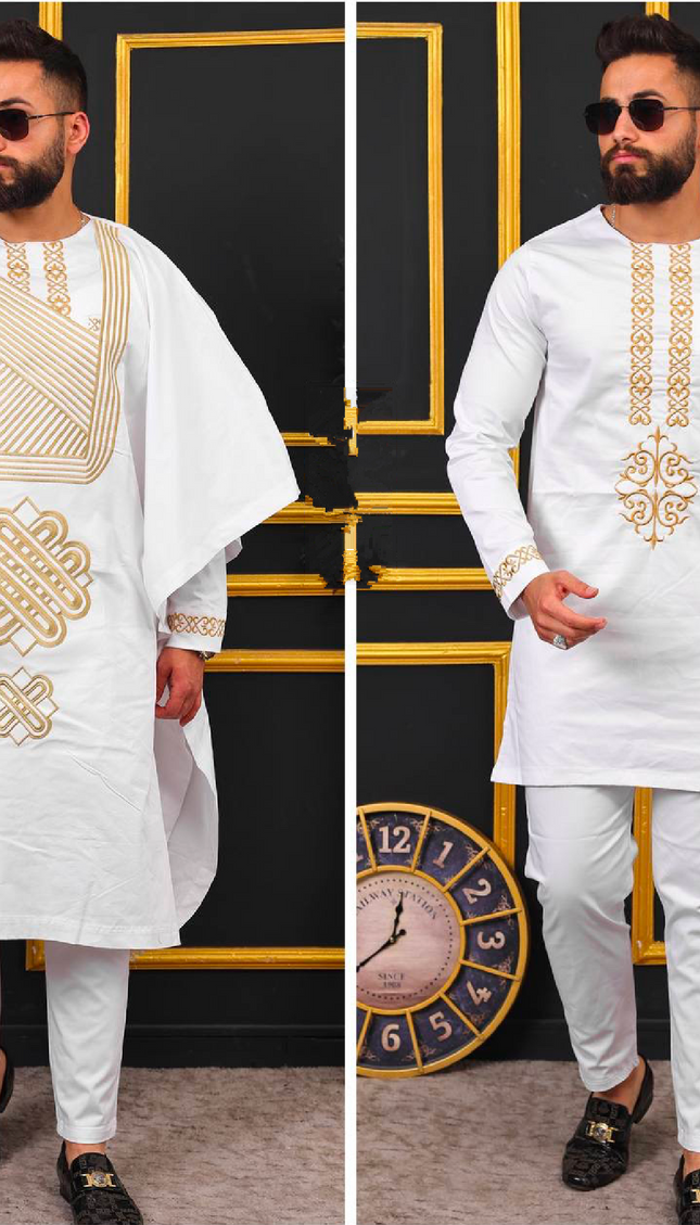 White African Men's Embroidered Agbada Shirt & Pants 3-Piece Outfit: Traditional Wedding Attire Birthday Party Graduation Engagement Groom Groomsmen